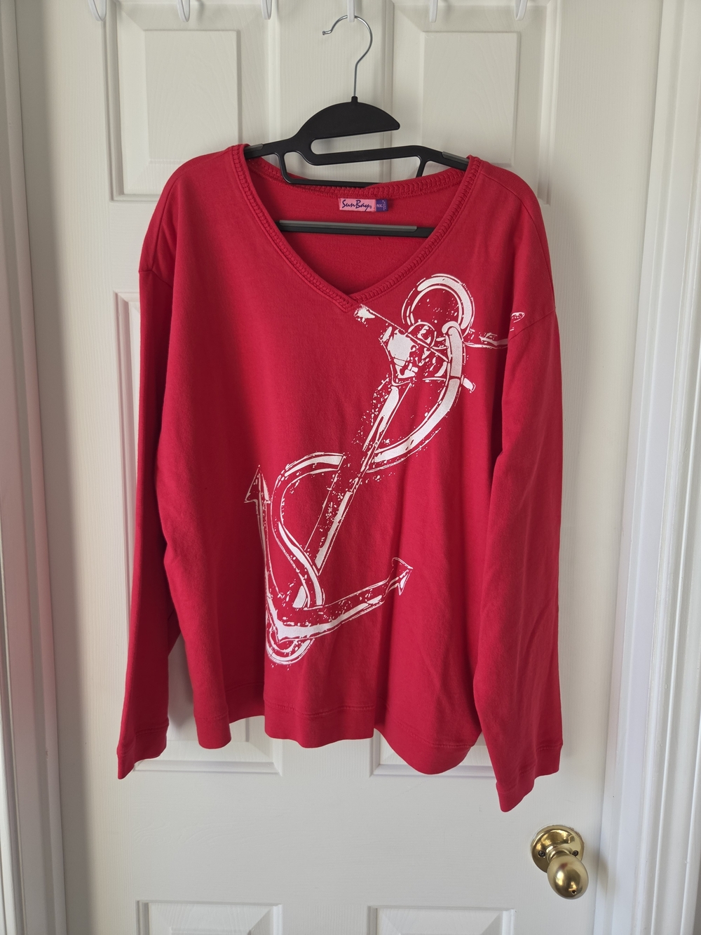Sun Bay Red Nautical Anchor Graphic V-Neck Shirt Long Sleeve Size PXXL